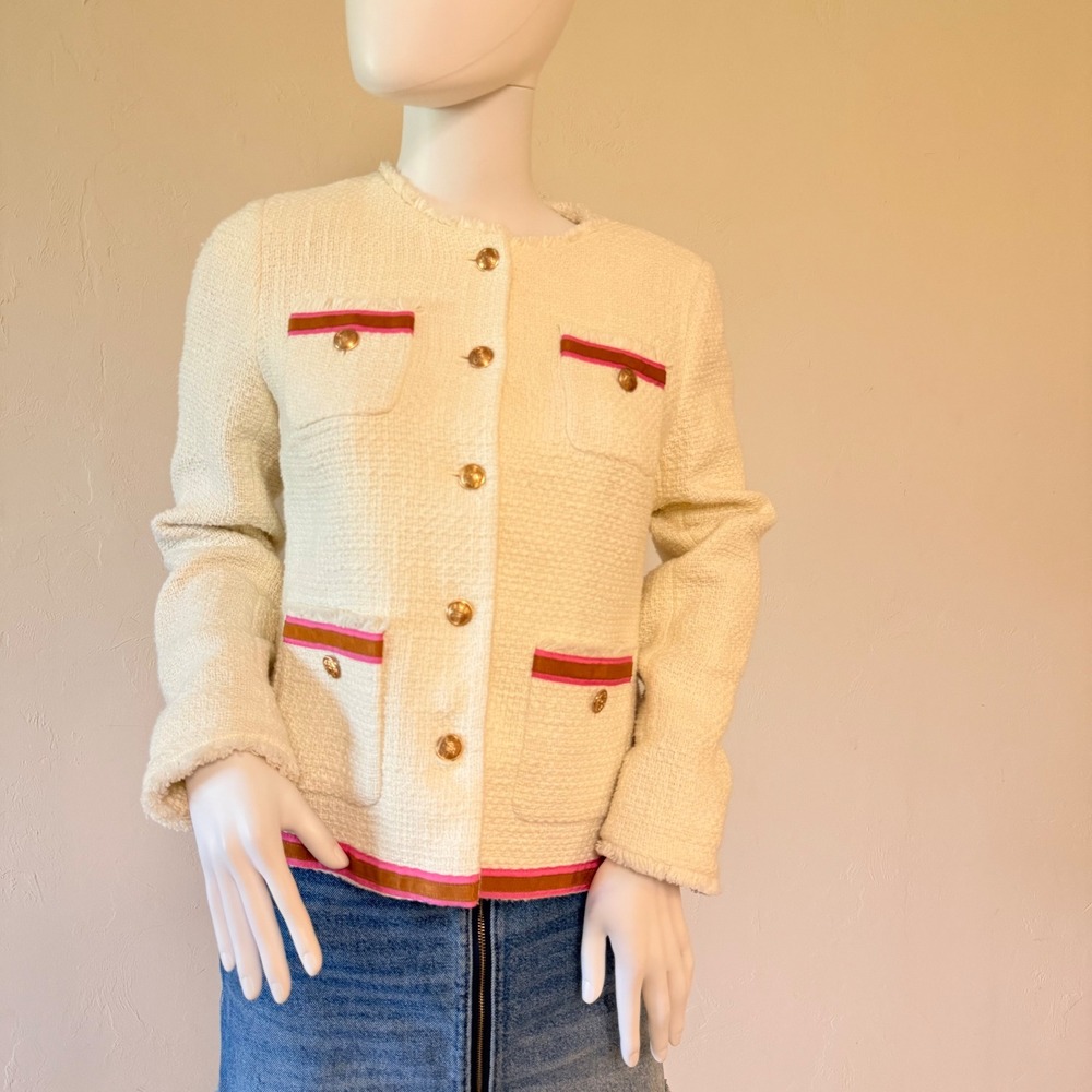 NEW Talbots Women's Cream Tweed Jacket Pink Tan Trim Gold Crestโ Buttons Size 2